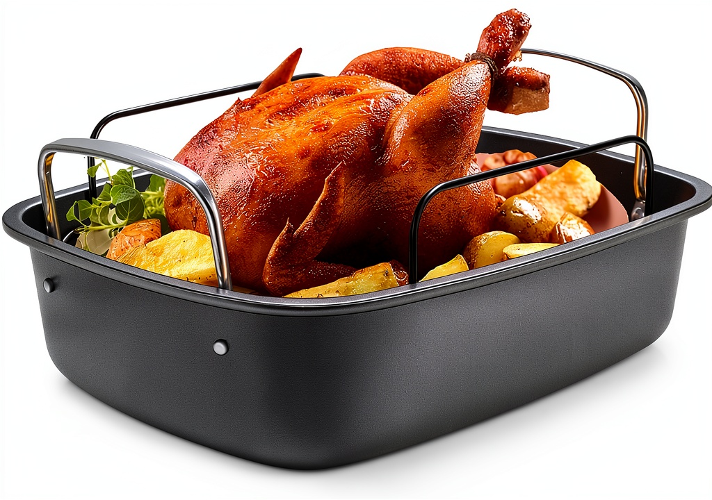 EWFEN roasting pan filled with a golden turkey in an oven