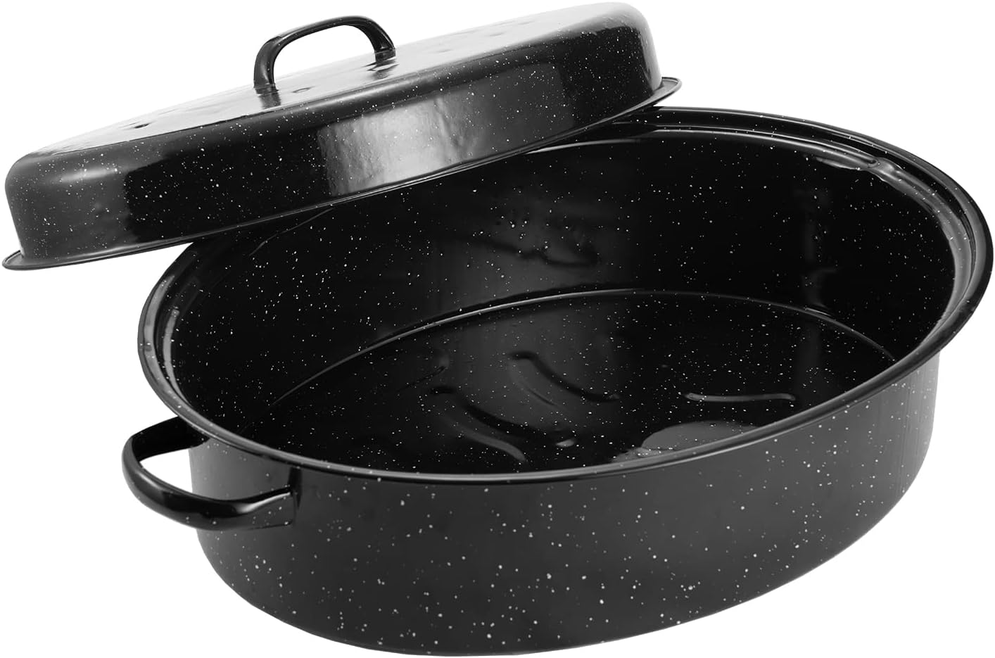 Kendane roasting pan filled with a golden turkey on a kitchen counter
