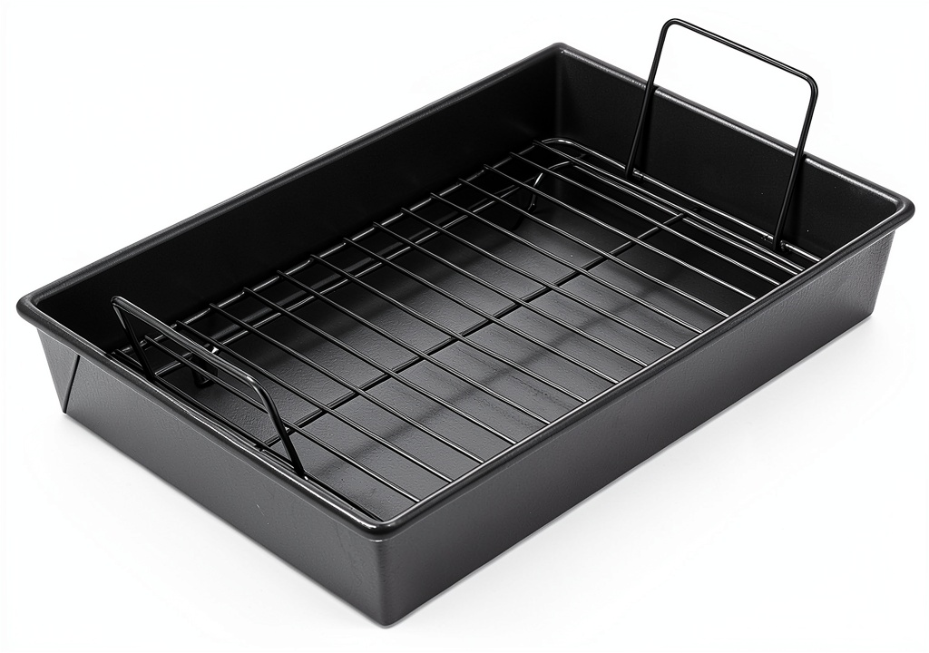 Chicago Metallic roasting pan with rack on a kitchen counter