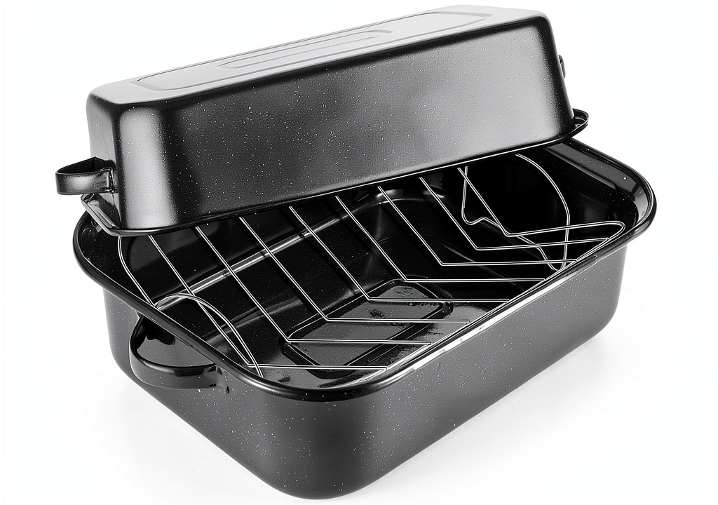 QPMR roasting pan with V-shaped rack on a kitchen counter
