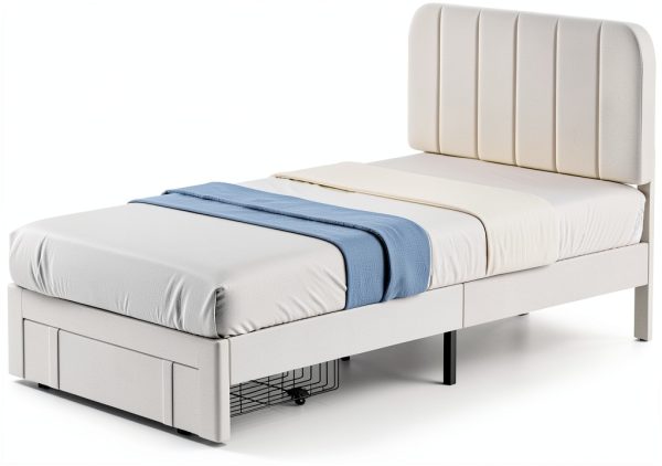 VECELO Twin Bed Frame with Drawer White-6