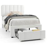 VECELO Twin Bed Frame with Drawer White-0
