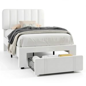 VECELO Twin Bed Frame with Drawer White-0