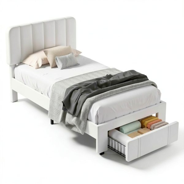VECELO Twin Bed Frame with Drawer White-4
