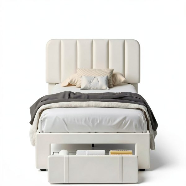 VECELO Twin Bed Frame with Drawer White-5