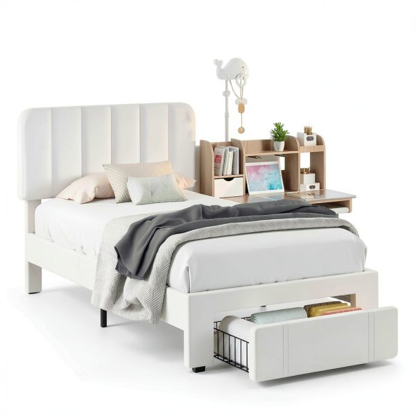 VECELO Twin Bed Frame with Drawer White-1