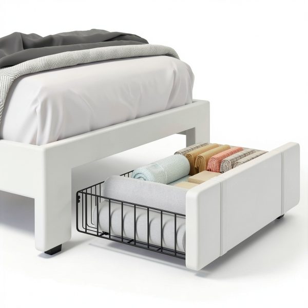 VECELO Twin Bed Frame with Drawer White-3