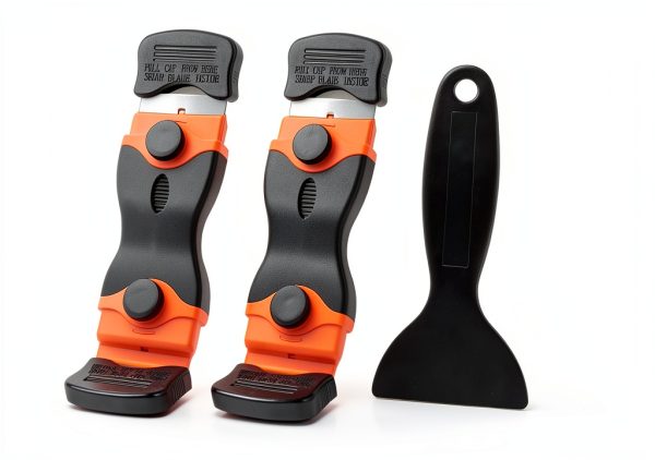 4 Pack Razor Blade Scraper, Cleaning Scraper, Includes 30 Plastic Blades and 30 Metal Blades, Multi-Purpose Glass Scraper for Glass, Stovetop, Decals, Stickers (Orange and Black)-0